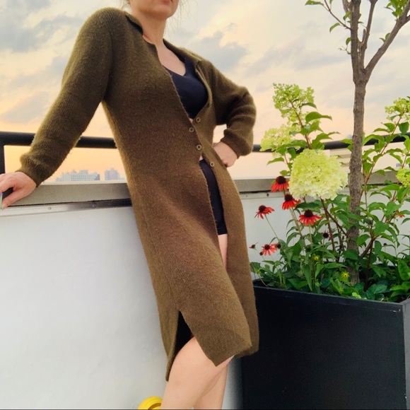 SOLD ON MERC Italian Knit Thick Long Mohair Wool Duster Cardigan Army Green - Picture 2 of 16